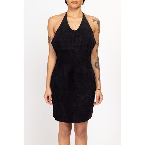 Medium 90s Black Suede Patchwork Halter Mini Dres… - image 7