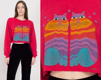 Large 90s Laurel Burch Red Cropped Cat Sweatshirt | Vintage Art Print Animal Graphic Pullover