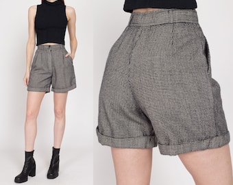 XS 80s Houndstooth Worsted Wool Trouser Shorts 25" | Vintage High Waisted Pleated Cuffed Long Shorts