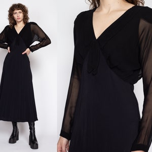 Medium 90s Black Bias Cut Maxi Dress | Vintage Gothic Minimalist Sheer Sleeve V Neck Dress