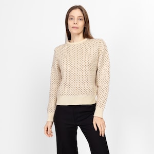Medium 90s Shetland Wool Cream Knit Sweater | Vintage Polka Dot Pullover Jumper