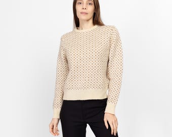 90s Shetland Wool Cream Knit Sweater - Medium | Vintage Polka Dot Pullover Jumper
