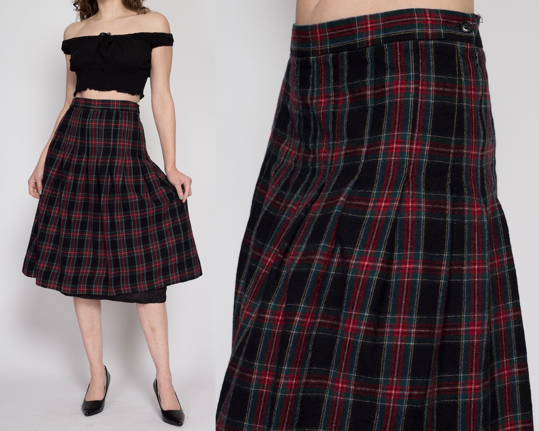 Medium 90s Black & Red Plaid Wool Midi Skirt 29 Vintage L.L. Bean ...