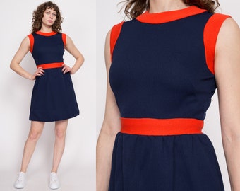 60s 70s Mod Navy Blue Color Block Mini Dress Small | Vintage A Line Fit Flare Retro Sleeveless Dress