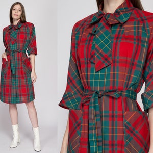 Large 60s Red & Green Plaid Belted Ascot Shirtdress Vintage Button Front Half Sleeve Mini House Dress image 1