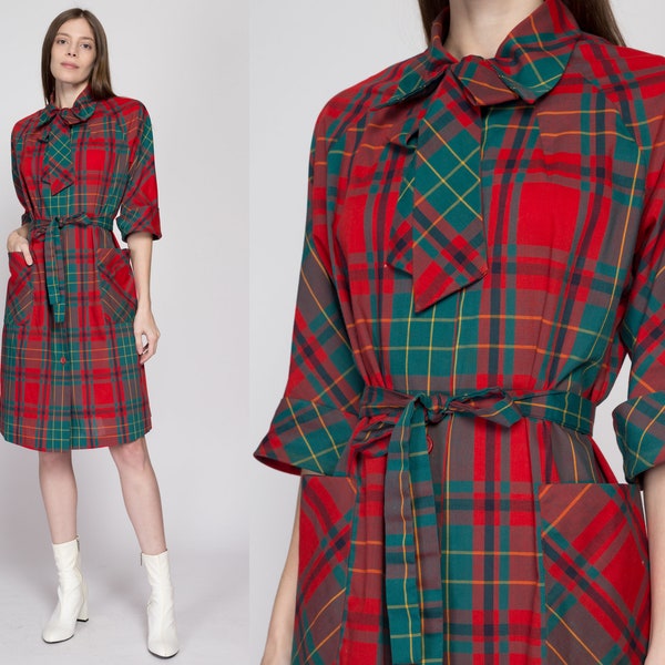 Large 60s Red & Green Plaid Belted Ascot Shirtdress | Vintage Button Front Half Sleeve Mini House Dress