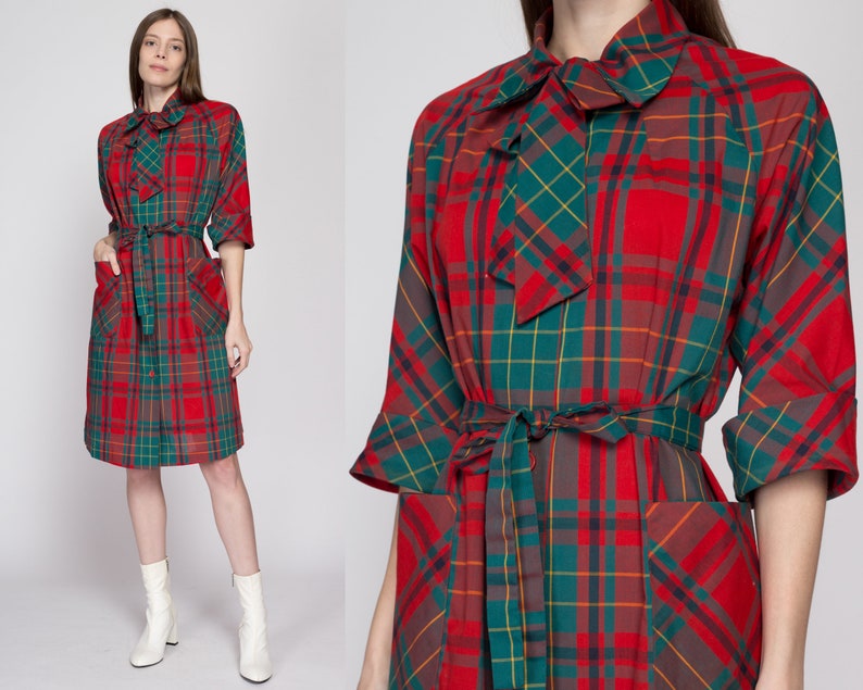 Large 60s Red & Green Plaid Belted Ascot Shirtdress Vintage Button Front Half Sleeve Mini House Dress image 1