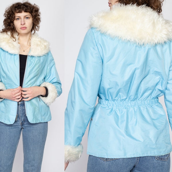 Small 70s Baby Blue Faux Fur Trim Jacket | Vintage 50s Style Cinched Waist Zip Up Windbreaker Coat