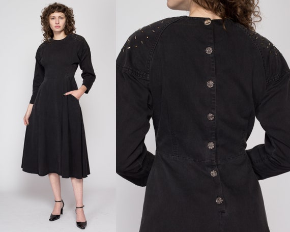 Small 80s Black Studded Button Back Midi Dress | … - image 1