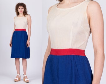 60s Sheer Bodice & Blue Skirt Midi Dress Medium | Vintage Slip A Line Sleeveless Dress