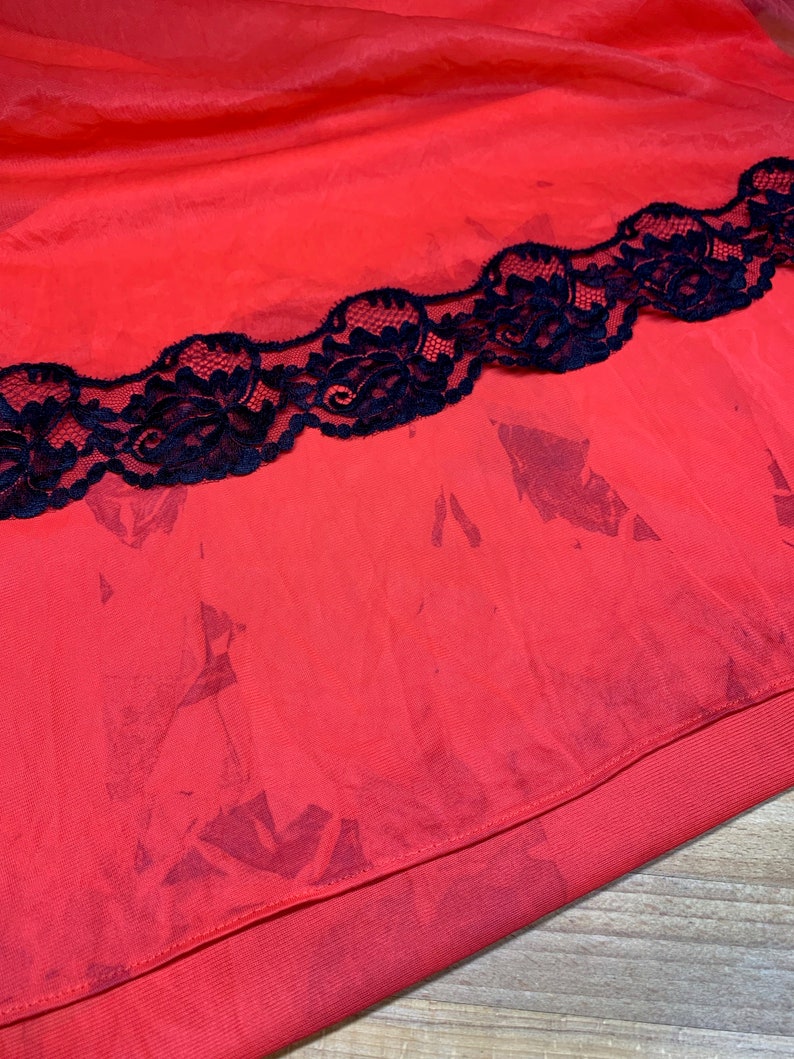 60s Red Black Lace & Marabou Feather Trim Chemise Set Small Vintage Negligee Babydoll Nightgown Dress Sheer Panty Outfit image 9