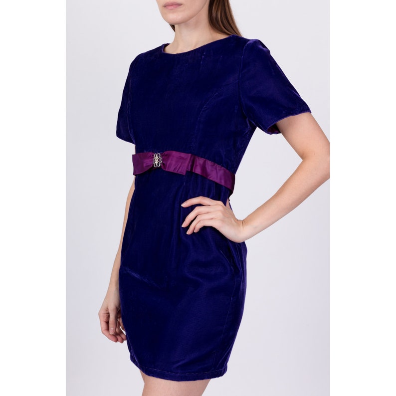 80s Royal Purple Velvet Party Dress Medium Vintage Satin Trim Retro Scoop Neck Short Sleeve Mini Dress image 4