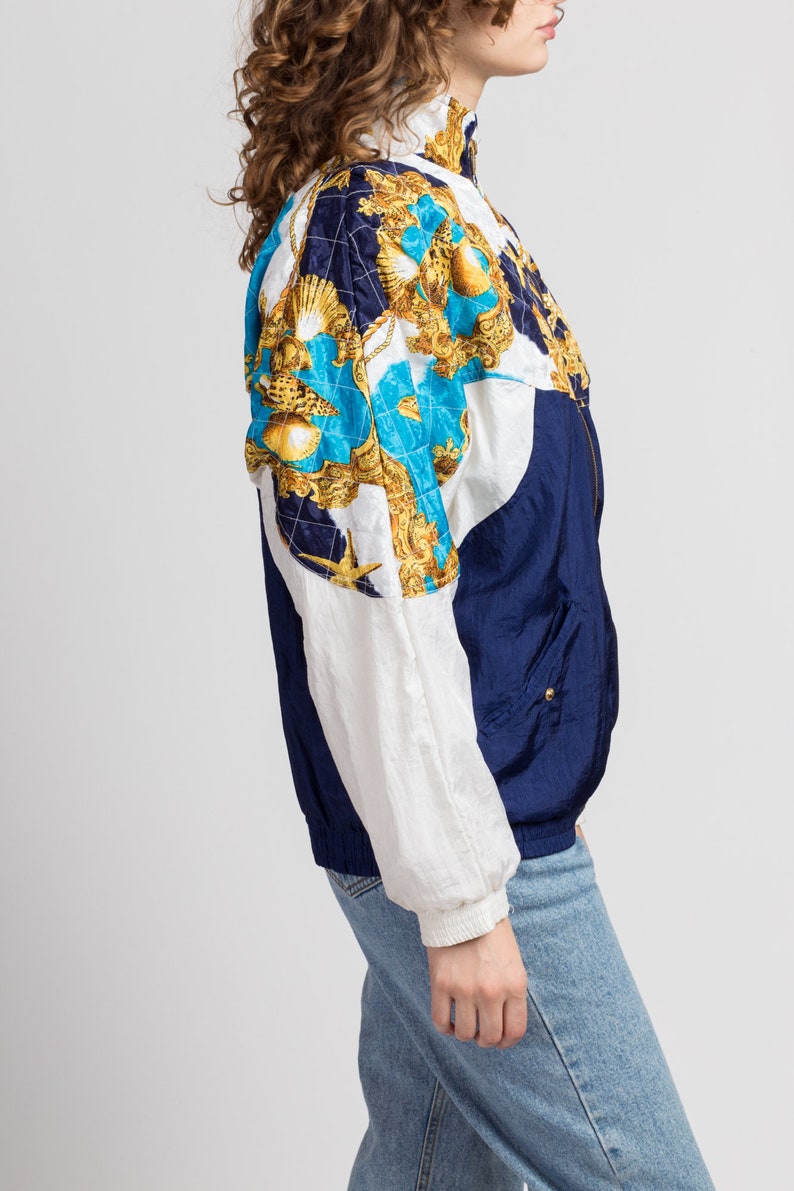 Men/'s Medium Vintage Seashell Starfish Print Lightweight Jacket 80s Baroque Nautical Windbreaker