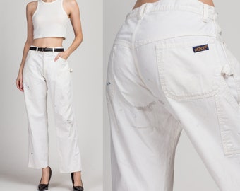 32" Waist 70s Dee Cee White Carpenter Pants Unisex | Vintage High Waisted Straight Leg Painters Pants