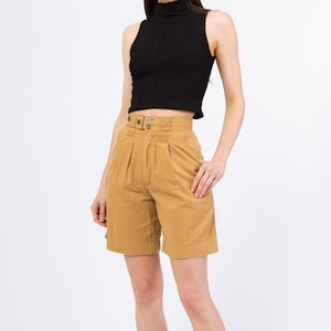 Vintage 80s Camel Cotton Pleated Trouser Shorts - Extra Small, 24&quot; Waist | Tan High Waisted Belted Tan Tailored Summer Shorts