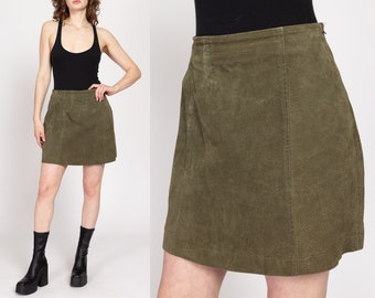 Medium 90s Olive Green Suede Mini Skirt 29" | Vintage High Waisted A Line Skirt