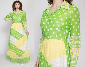 Small 60s Floral Polka Dot Patchwork Hostess Dress, As Is | Vintage Green & Yellow Daisy Lace Trim Long Sleeve Button Up Maxi Dress
