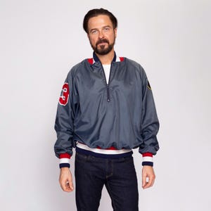 80s Athletic Pullover Windbreaker - Men&#39;s Large | Vintage New Jersey NJSIAA Patch Lightweight Zip Up Striped Trim Jacket