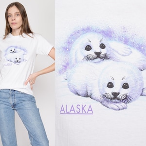 XS 90s Alaska Baby Seal T Shirt Vintage White Animal Cub Graphic Tourist Tee image 1