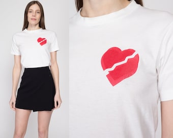 Small 80s Broken Heart Graphic Tee | Vintage White Red Soft Combed Cotton T Shirt