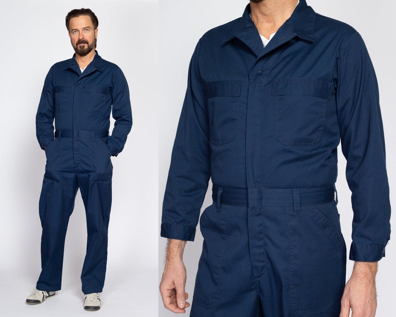 40R Vintage Navy Blue Workwear Coveralls Medium 90s Y2K Men's Mechanics Boiler Suit Uniform Jumpsuit image 1