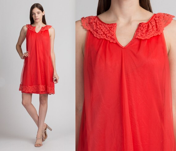 Small Vintage 60s Red Mini Nightie | Lace Trim Sl… - image 1