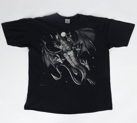Vintage Skeleton Dragon Rider Liquid Blue Graphic Tee 2XL Y2K Grim Reaper &  Knight Black T Shirt 