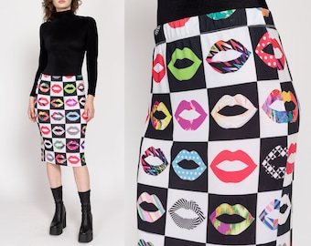 Large 90s Pop Art Lips Print Midi Skirt | Vintage Black & White Checkered High Waisted Stretchy Skirt