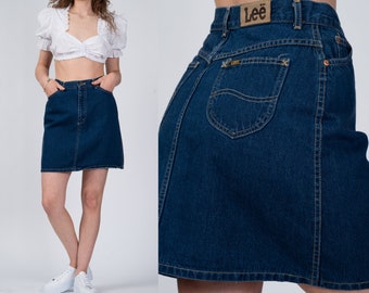 Medium 90s Lee Riders Denim Mini Skirt 27.5" | Vintage Dark Wash Jean Mom Skirt