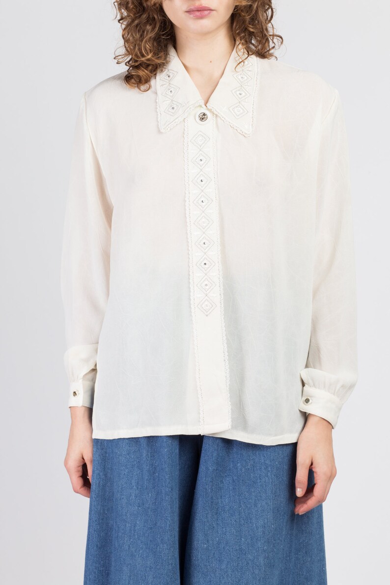80s Ivory Diamond Collar Blouse Extra Large Vintage Long Sleeve Button Up Top