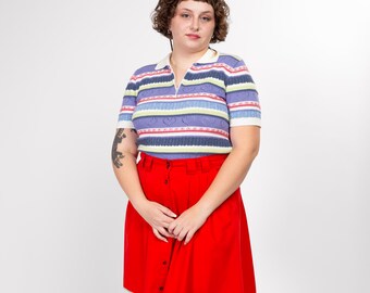 Jaren 80 gestreepte polotop met hart en oogjes - large | Vintage shirt met kraag en 1/4 rits en korte mouwen