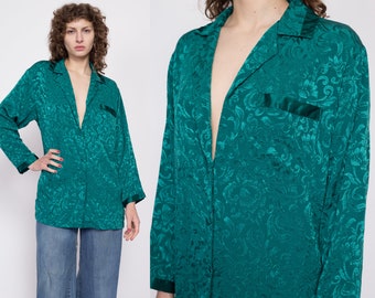 Small 80s Victoria's Secret Jade Green Gold Crown Label Lounge Top | Vintage Jacquard Satin Long Sleeve Pajama Shirt