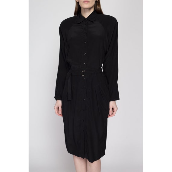 Small 80s Black Silk Dolman Sleeve Shirtdress | V… - image 3