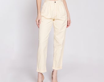 XS 80s Yellow Cotton High Waisted Pants Petite 24" | Vintage Pleated Tapered Leg Cuffed Trousers