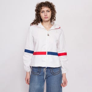 Medium 70s Mod Red White & Blue Striped Windbreaker Petite | Weather Tamer Lightweight Hooded Color Block Jacket