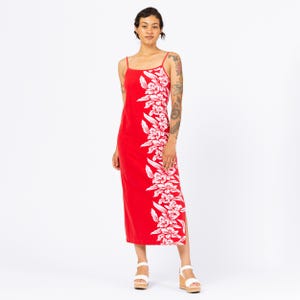 Vintage 90s Red & White Tropical Floral Maxi Dress - Small | Boho Beach Vacation Long Summer Dress, Spaghetti Strap Hawaiian Sundress