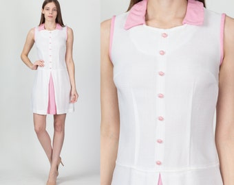 60s White & Pink Scooter Dress Extra Small | Vintage Sleeveless Drop Waist Retro Shift Dress