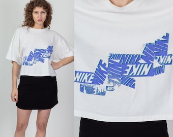 Large 90s Nike Cropped Graphic T Shirt Unisex | Vintage White Oversized Streetwear Crop Top Tee