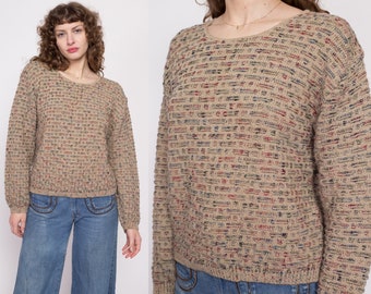 80s 90s Brown Patterned Knit Sweater Medium | Vintage Grunge Slouchy Pullover