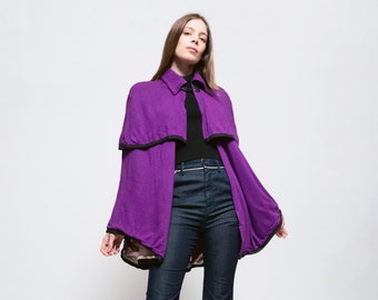 One Size 70s Boho Purple Wool Cape | Retro Vintage Mod Poncho Coat