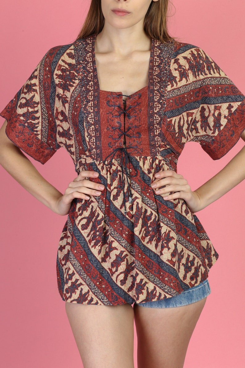 70s Hippie Bell Sleeve Corset Blouse Medium Vintage Boho Ethnic Print Peasant Top