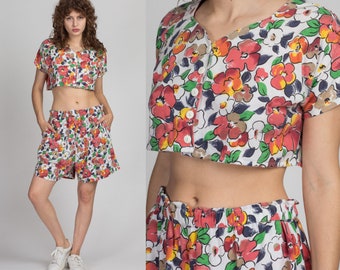 Large 80s Reworked Floral Grunge Set | Vintage Crop Top & High Waisted Shorts