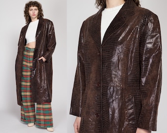 XL 90s Brown Snakeskin Embossed Leather Trench Coat | Vintage Oversize Button Up Long Maxi Duster Jacket