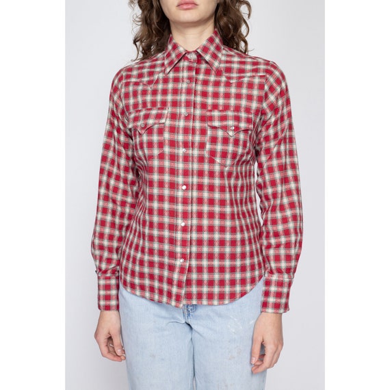 Medium 70s Red Plaid Pearl Snap Shirt | Vintage R… - image 3