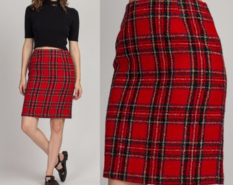 90s Preppy Red Plaid Boucle Mini Skirt Small, 27" | Vintage High Waist Knit Pencil Miniskirt