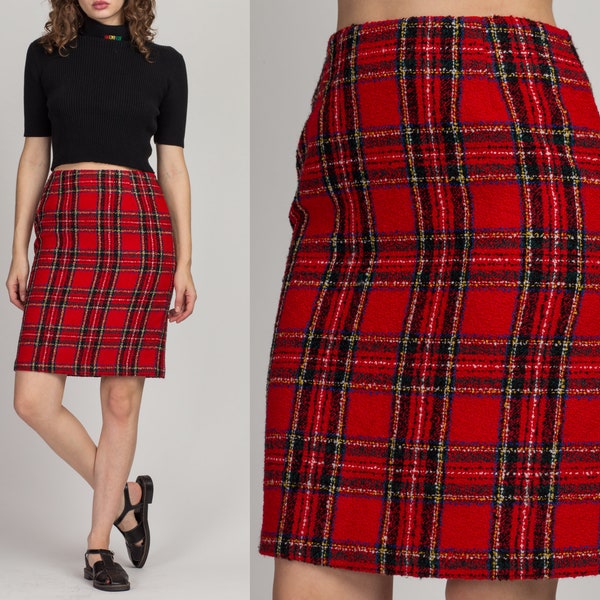 90s Preppy Red Plaid Boucle Mini Skirt Small, 27" | Vintage High Waist Knit Pencil Miniskirt