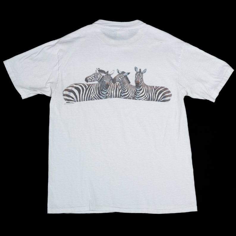 Medium 80s Zebra Graphic T Shirt Men's Vintage White Animal Wildlife Print Tee image 4