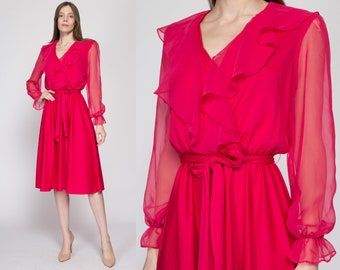 Medium 70s Raspberry Red Sheer Sleeve Midi Dress | Vintage Ruffle V Neck Long Sleeve Retro Shirtdress