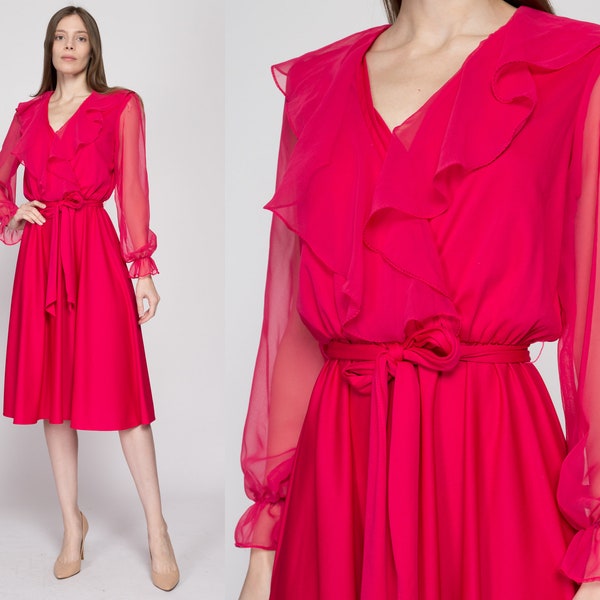 Medium 70s Raspberry Red Sheer Sleeve Midi Dress | Vintage Ruffle V Neck Long Sleeve Retro Shirtdress