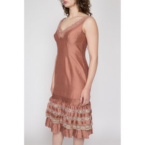 Medium 80s Dusty Rose Raw Silk Cupcake Dress Vintage Sleeveless Sheath Ruffle Hem Lace Trim Midi Party Dress image 3